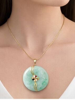 Jade Pendant Necklace 14K Gold Multicolor Gemstone Disc